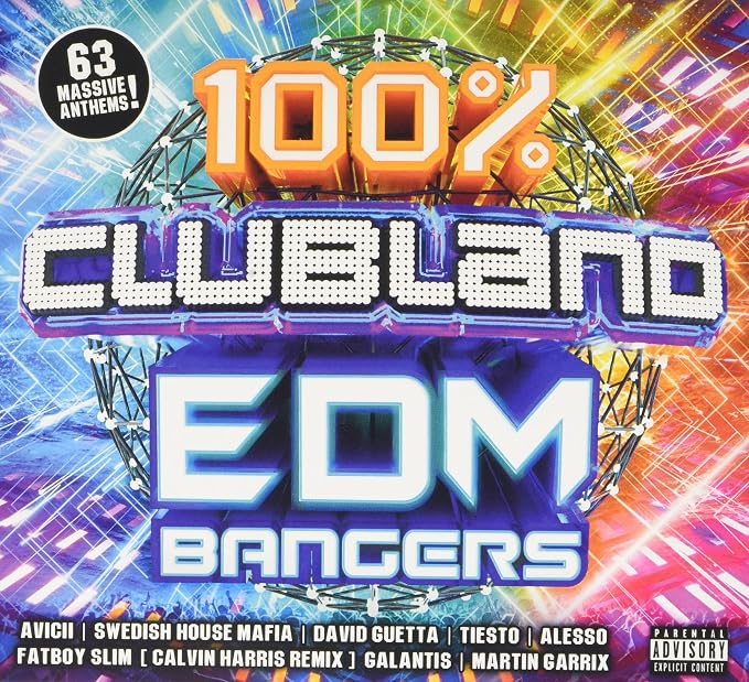 Album cover for '100% Clubland EDM Bangers' with vibrant colors and text.