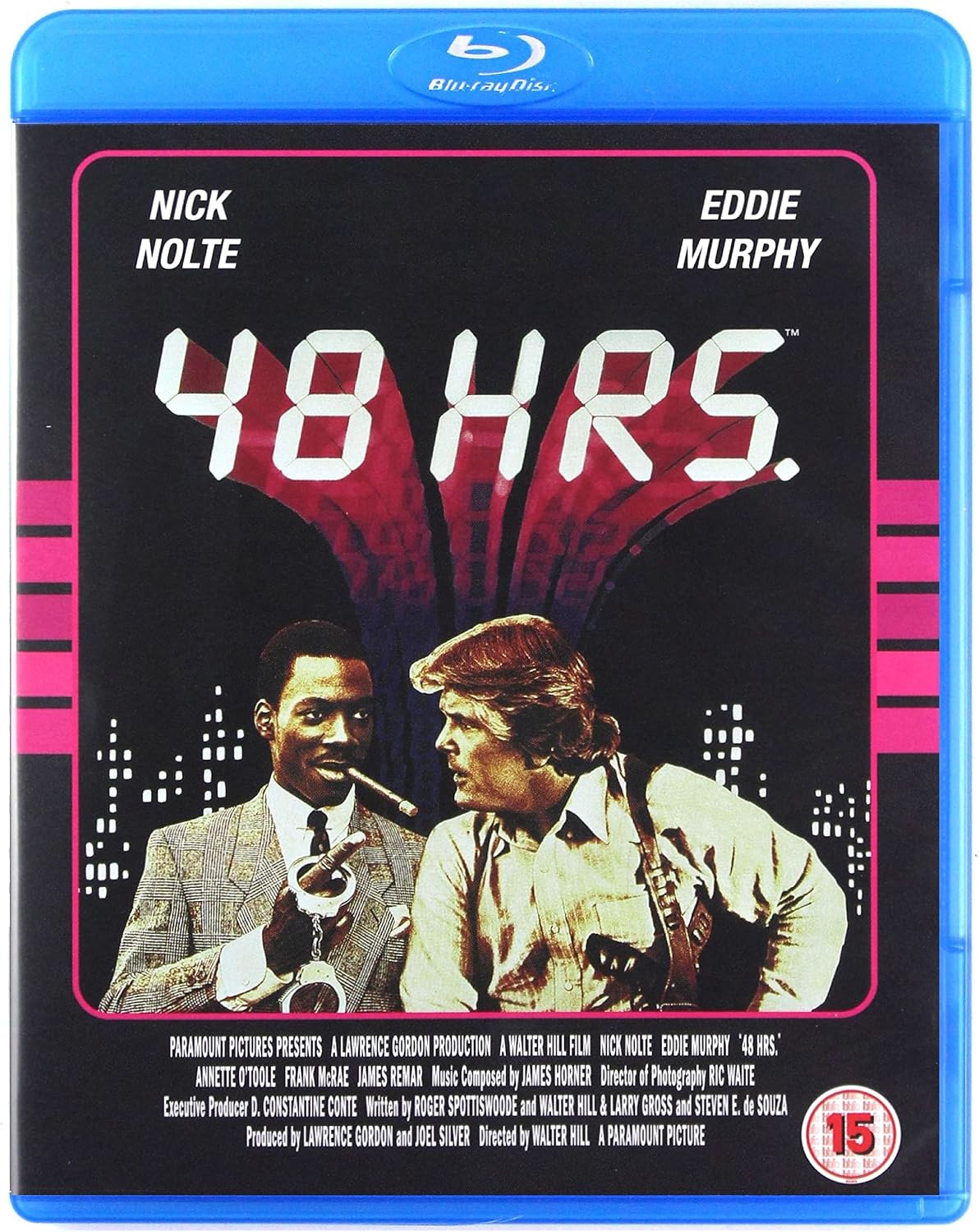 Front cover of the Blu-ray release of the film 48 Hrs., showing a blue plastic case with a black cover design, pink accents, and portraits of Eddie Murphy and Nick Nolte.