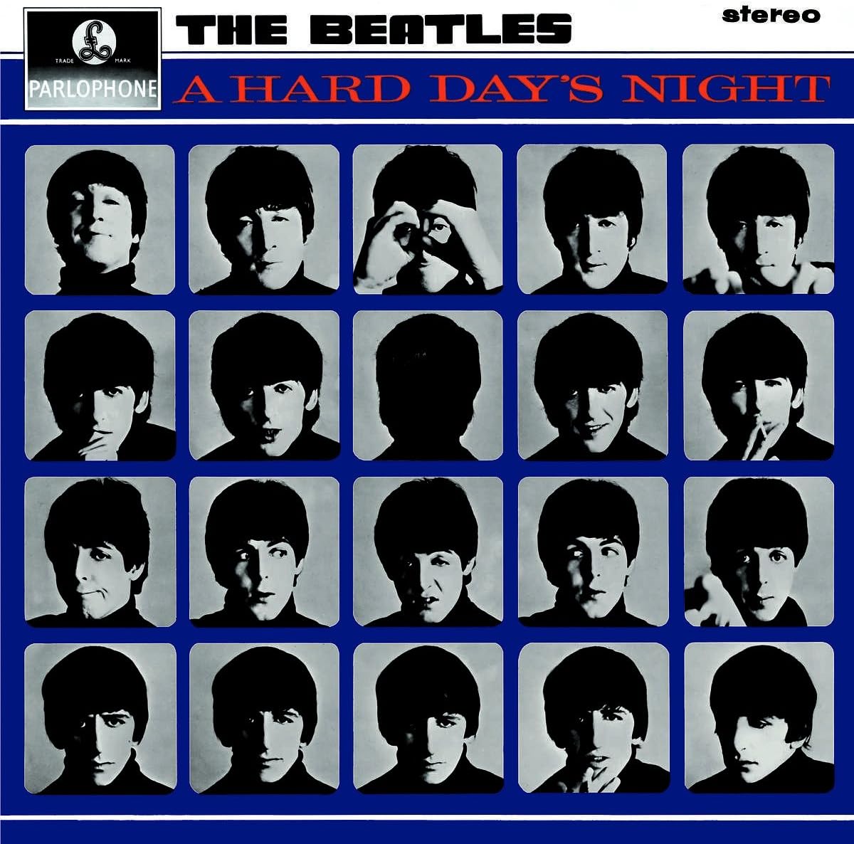 The Beatles 'A Hard Day's Night' Parlophone album cover featuring a grid of black-and-white portrait photos of the band members against a blue background with red title text.