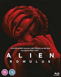 Blu-ray cover for the movie 'Alien Romulus' featuring a dark, red-lit image of a character with a knotted cloth around their head, indicating a horror genre.