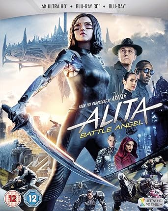 Movie poster for 'Alita: Battle Angel' featuring a woman with a sword and other characters.