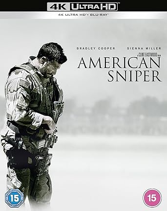 DVD cover of 'American Sniper' featuring a soldier in camouflage against a snowy background.