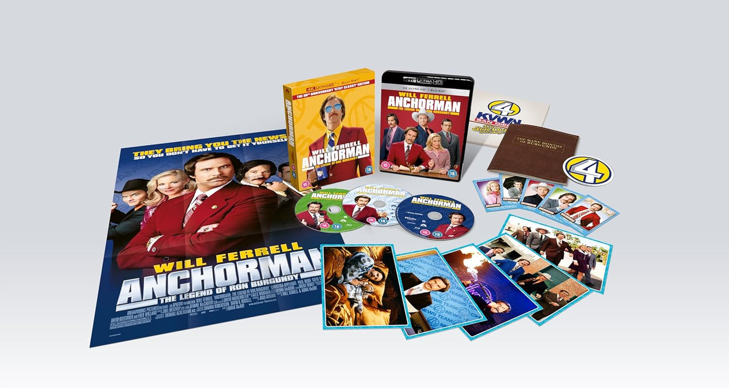 Collection of 'Anchorman' movie merchandise including DVD cases and promotional posters on a light gray background.