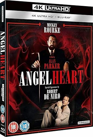 4K Ultra HD Blu-ray cover of 'Angel Heart' featuring Mickey Rourke and Robert De Niro.