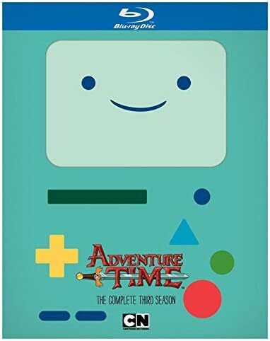Blu-ray cover for 'Adventure Time - The Complete Third Season' featuring a stylized cartoon character with game control symbols.