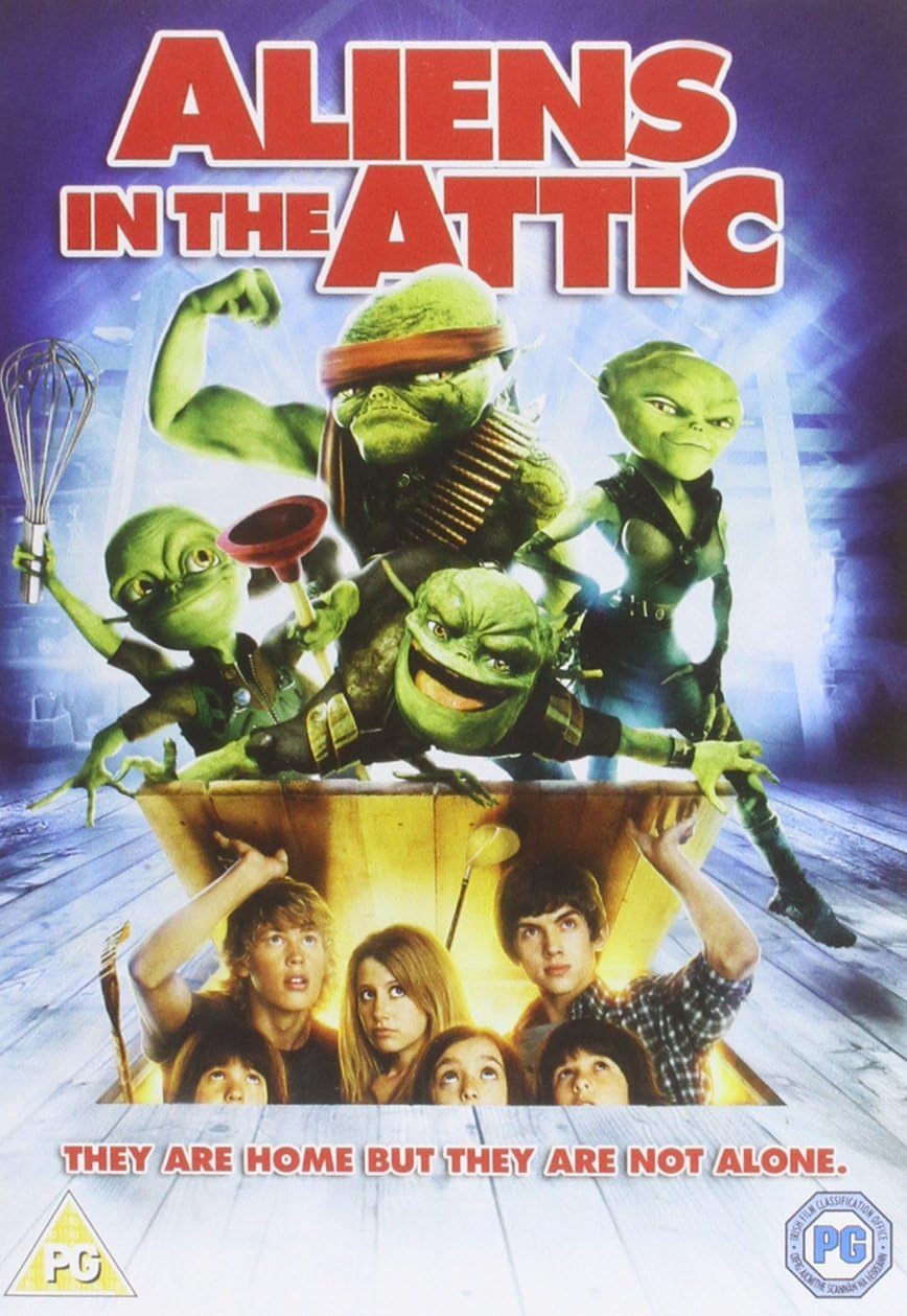 Movie poster for 'Aliens in the Attic' with green alien characters and a group of people.
