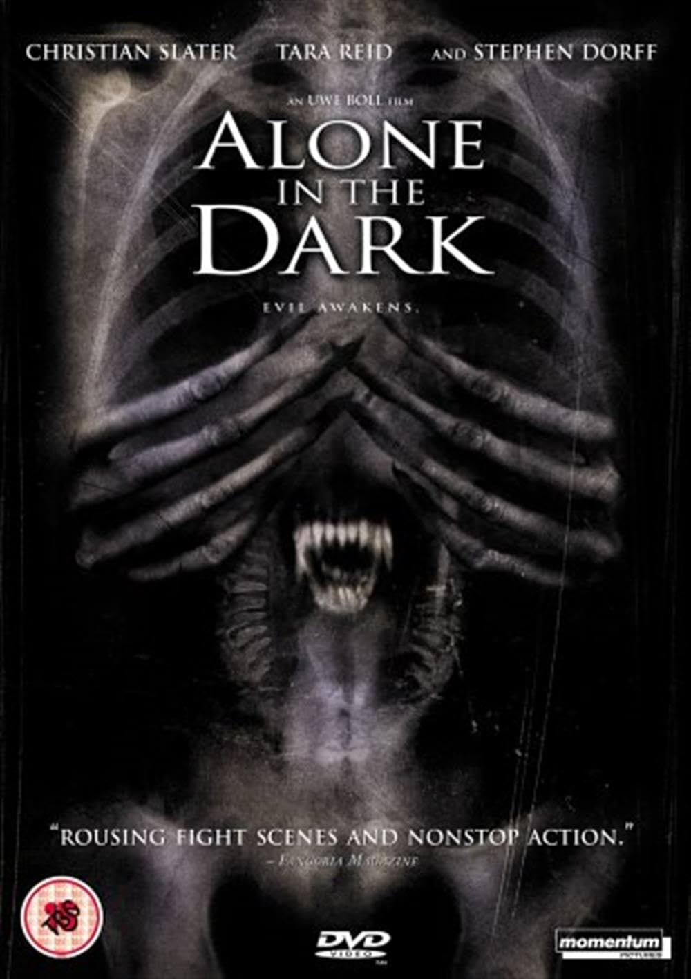 DVD cover of 'Alone in the Dark' with X-ray-like design and creature illustration.