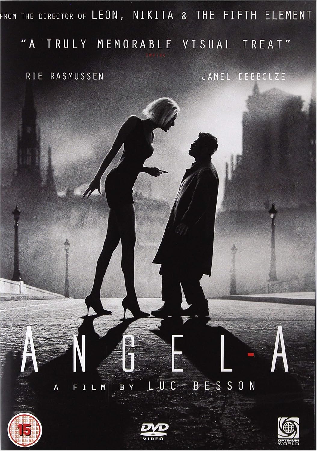 Angela DVD movie cover featuring a black-and-white scene of two silhouetted figures on a city street, with the title 'ANGELA' in large white letters and film credits above.