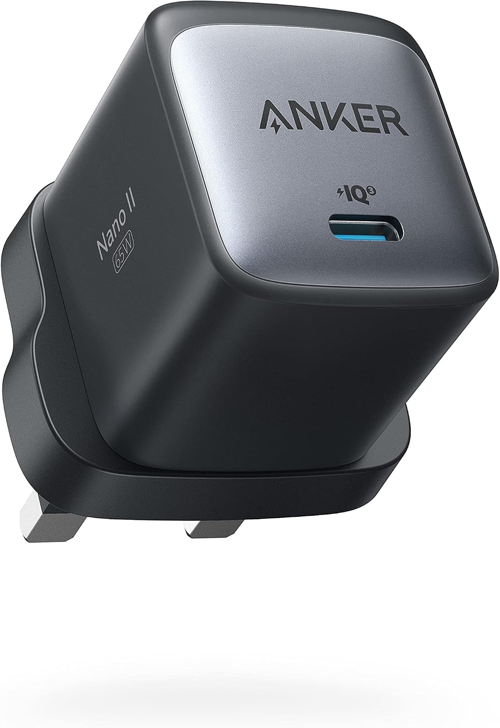Anker Nano II 65W USB-C wall charger in matte black, featuring a metallic silver top panel with the Anker logo and a blue accent on the USB-C port.
