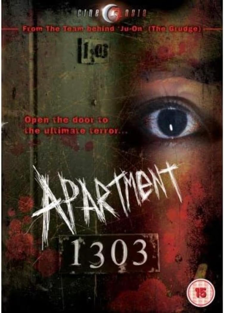 Movie cover for 'Apartment 1303' featuring a close-up of a human eye, distressed dark background, red splatter effects, and large stylized title text.