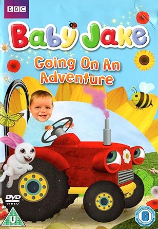 DVD cover for 'Baby Jake - Going on an Adventure' featuring a cartoon image of a baby in a red toy car with other cartoon elements like butterflies, flowers, and a bee.