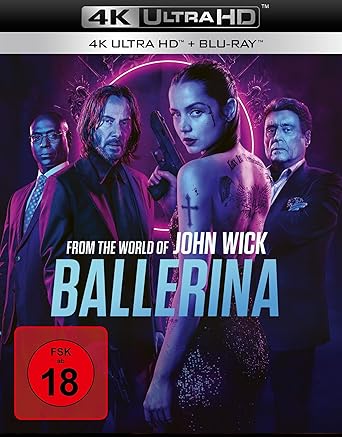 Blu-ray cover of 'Ballerina' from the world of John Wick with four characters on a purple background.