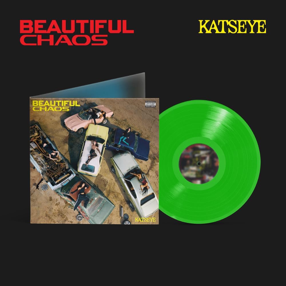 Vinyl record with cover titled 'Beautiful Chaos' by Katseye on a black background.