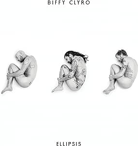 The image features a vinyl record of Biffy Clyro's album 'Ellipsis'. The artwork displays three distinct, abstract figures in a minimalist style, each representing a different member of the band, united by a common theme of musical creativity and expression.