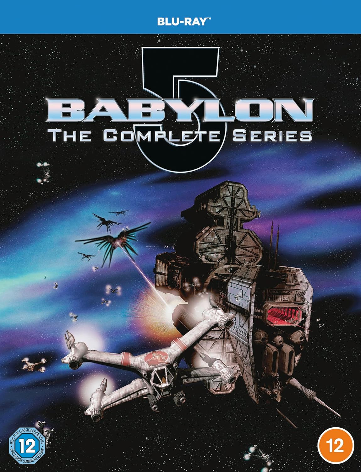 Blu-ray cover for Babylon 5: The Complete Series, featuring sci-fi space artwork with a large spaceship, smaller vessels, and the title text on a starry black background. A blue banner at the top reads BLU-RAY, with age rating badges in the bottom corners.