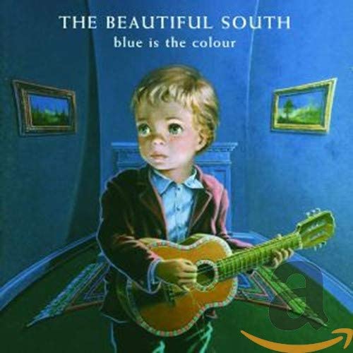 Album cover art for The Beautiful South Blue Is The Colour featuring a young boy in a suit playing a guitar.