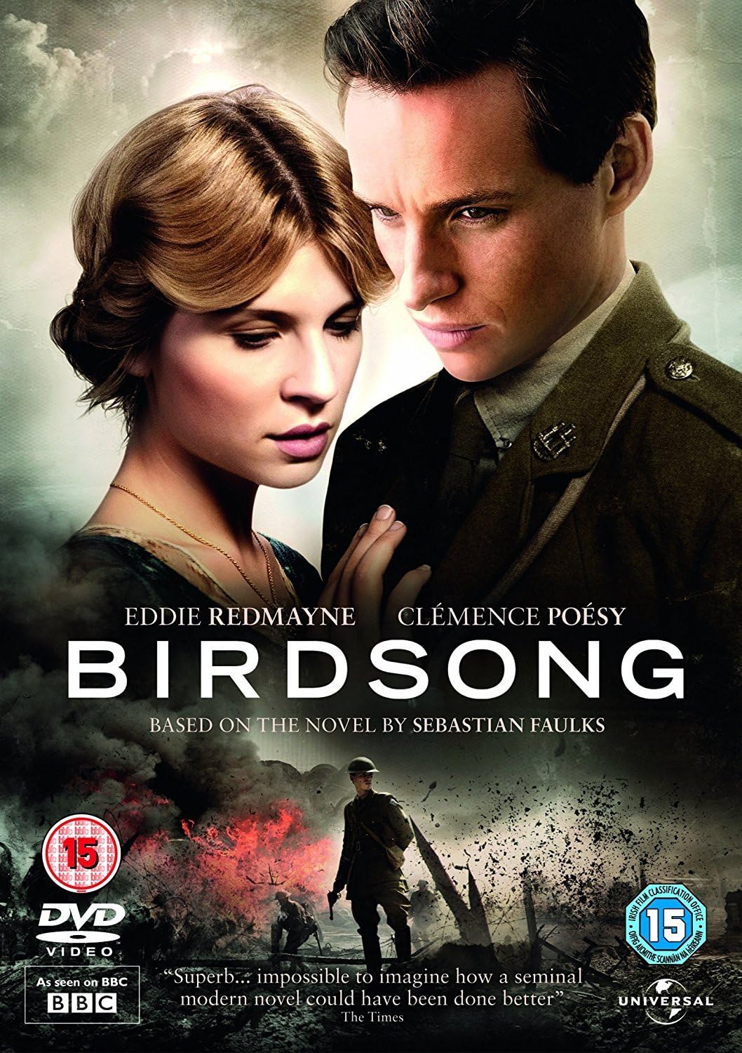 DVD cover for the film 'Birdsong' featuring Eddie Redmayne and Clémence Poésy, with a historical wartime scene and age rating logos for BBC, DVD Video, and Universal.