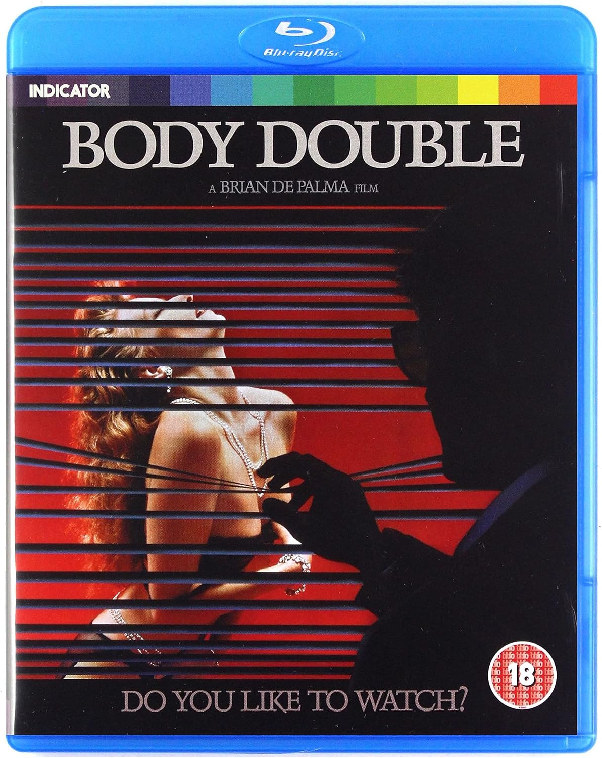 Blu-ray case for the film 'Body Double' starring Brian De Palma, featuring the movie cover art with a woman and silhouette against red horizontal stripes, on a blue plastic case.