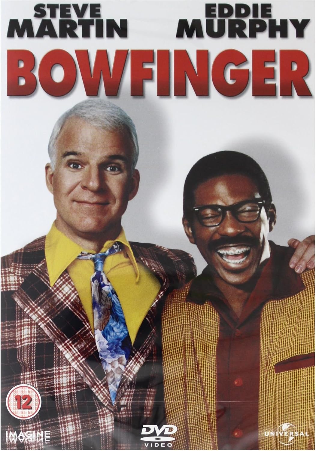 DVD cover for the movie Bowfinger, featuring Steve Martin and Eddie Murphy in colorful suits against a light gray background, with the title in large red letters at the top.