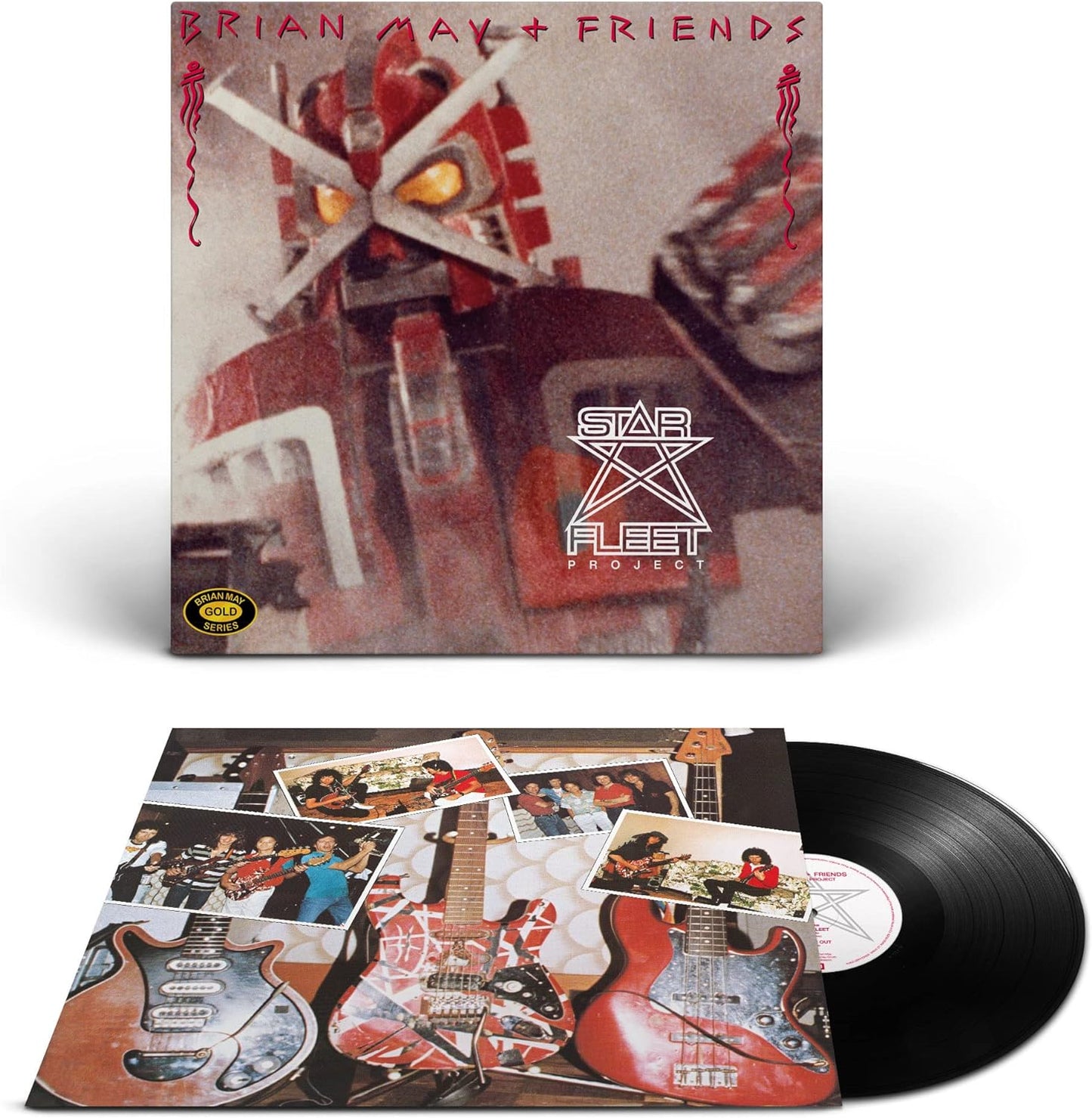 Limited edition vinyl record titled 'Brian May Star Fleet Project' with a picture of a stylized, armored character on the cover and 'Star Fleet' text prominently displayed. The vinyl is placed inside a sleeve with additional artwork and text.