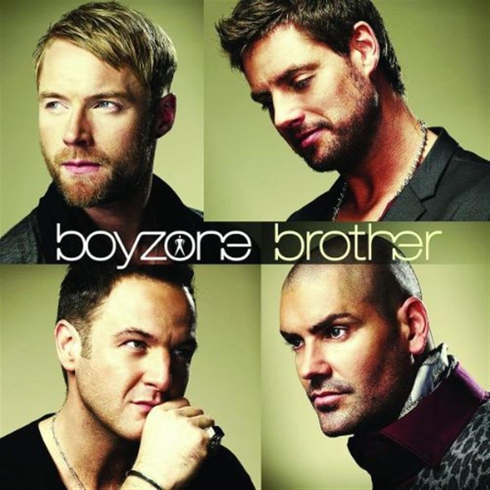 Four members of Boyzone with the text 'boyzone brother' on a green background