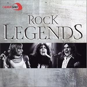 Album cover for 'Rock Legends' featuring three rock stars singing into microphones, with a red and gold 'Capital Gold' award logo in the top left corner.