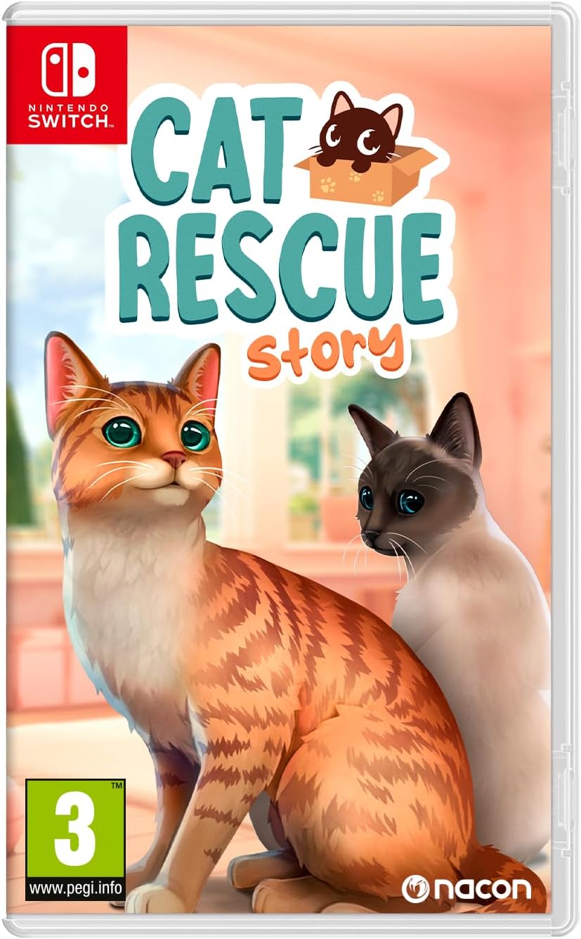 Nintendo Switch game cover for 'Cat Rescue Story' featuring an orange tabby cat and a gray-and-white cat on a soft peach background, with the Nintendo Switch logo, PEGI 3 rating, and Nacon branding visible.