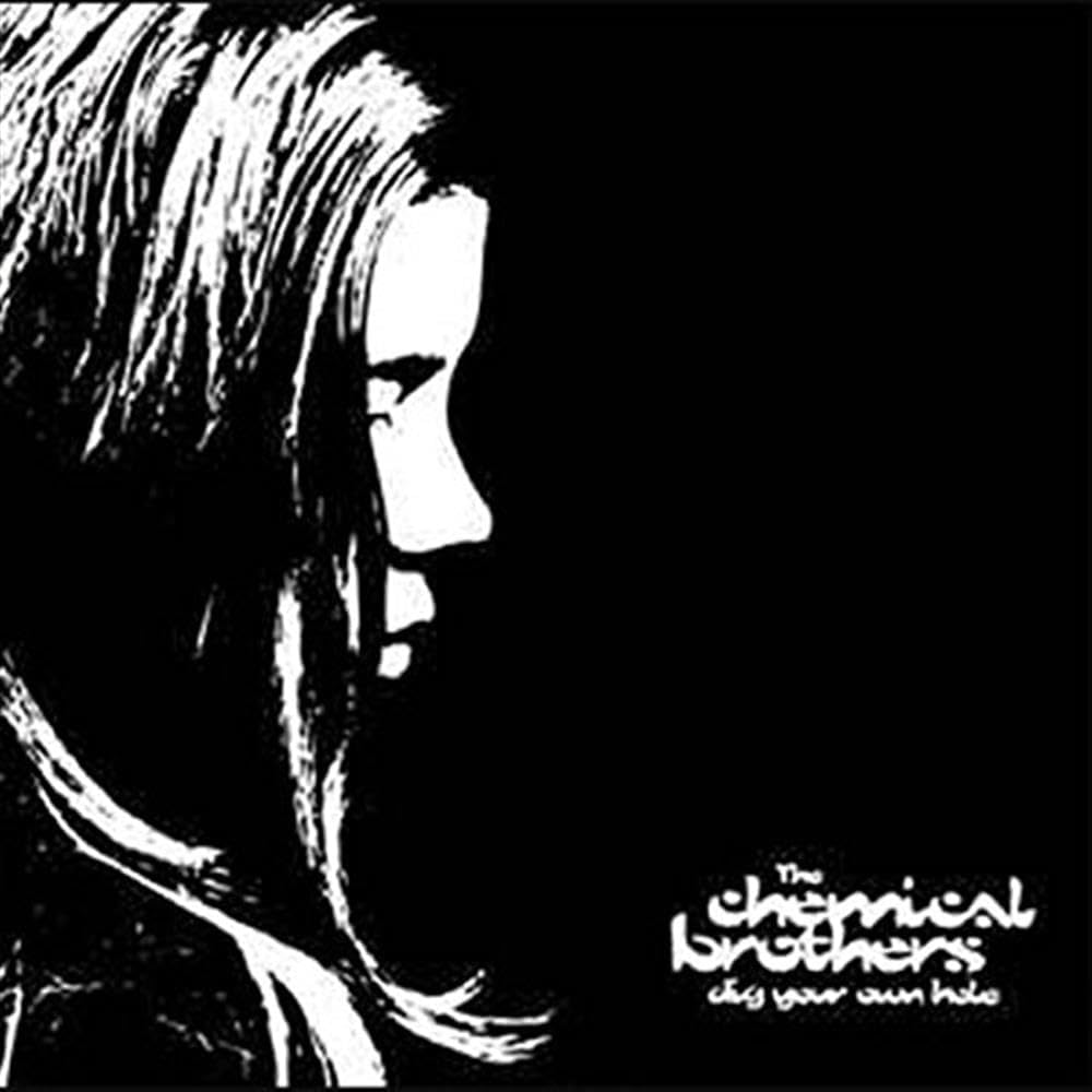 Album cover with a stylized black and white illustration of a person's profile on a black background, featuring the text 'The Chemical Brothers - Dig Your Own Hole'.