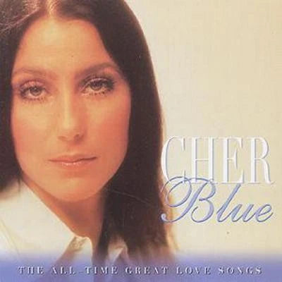 Album cover for Cher's 'Blue' featuring a close-up portrait of the artist on the left and the title 'CHER Blue' on the right, with a light cream background and a blue gradient band at the bottom.