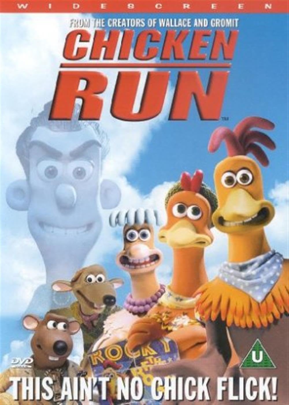 Chicken Run DVD cover featuring the main animated characters in front of a blue sky, with the title 'Chicken Run' in large red letters and a white background at the bottom with the tagline 'This ain't no chick flick!'.