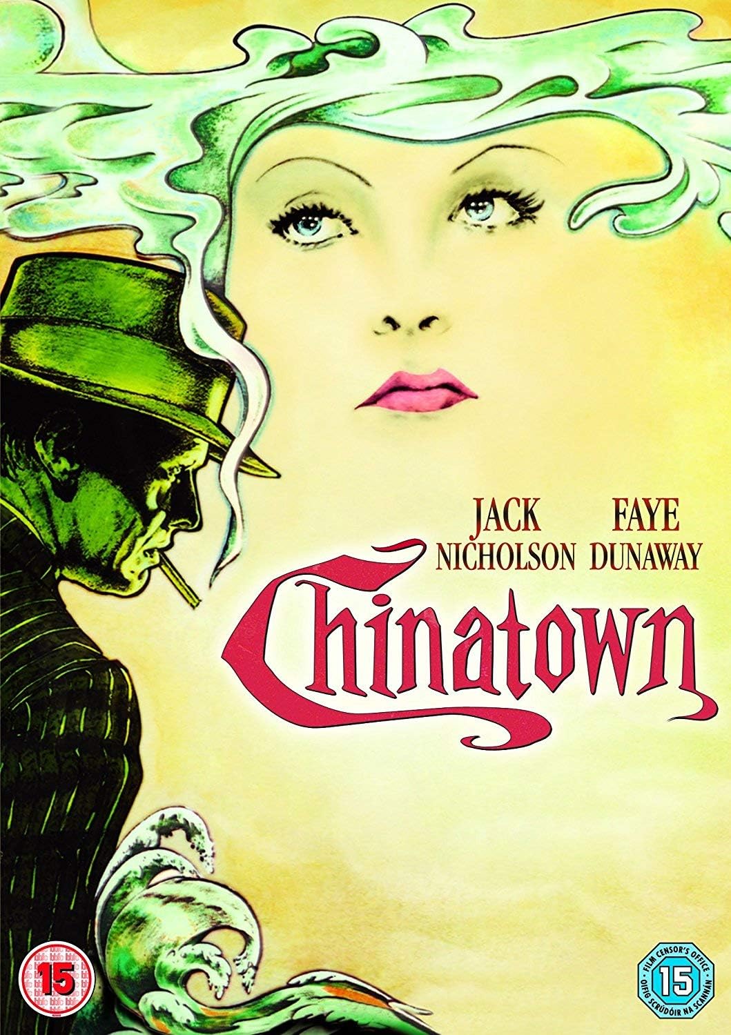 Movie poster for 'Chinatown' featuring a stylized illustration of a woman and a man with green accents.
