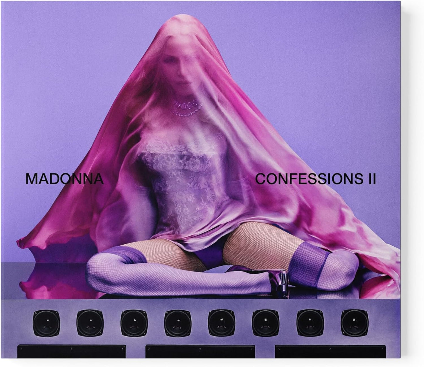 Album cover for 'Confessions II' by Madonna with a person draped in pink fabric.