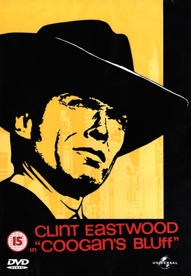 DVD cover for Clint Eastwood's Coogan's Bluff, featuring a high-contrast yellow and black graphic portrait of Clint Eastwood wearing a cowboy hat, with red title text and a DVD Video logo.