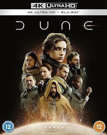 Promotional poster for the movie 'Dune' featuring a collage of the main characters with a dark, moody background.