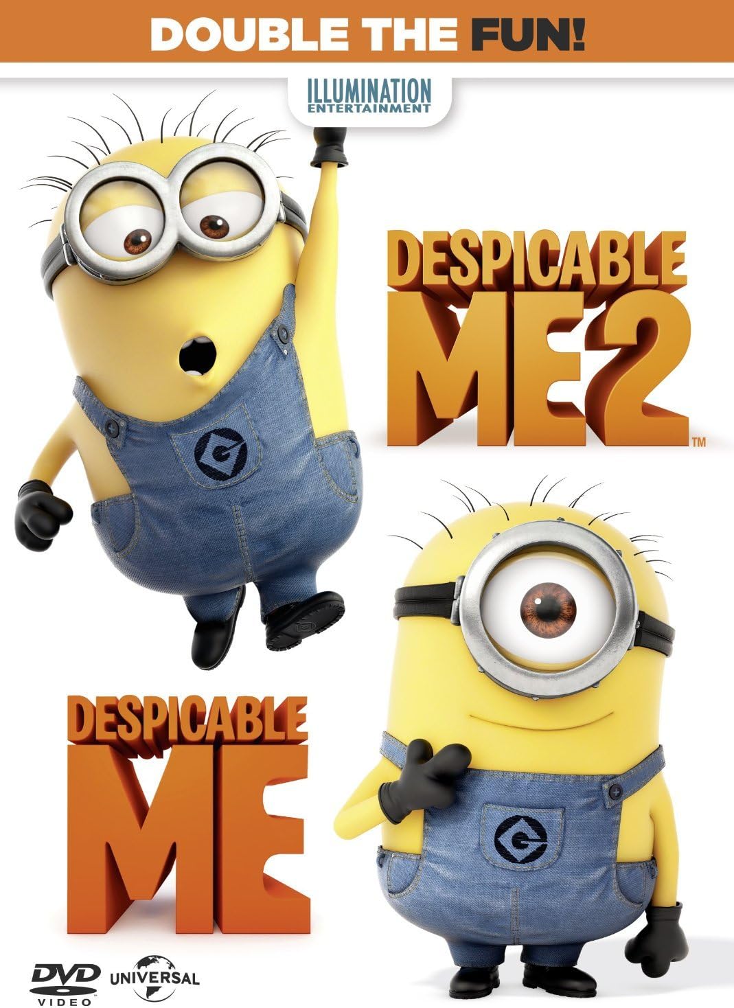 Despicable Me 2 DVD cover featuring two yellow Minions in blue overalls on a white background, with the title 'DESPICABLE ME 2' and 'DOUBLE THE FUN!' at the top.