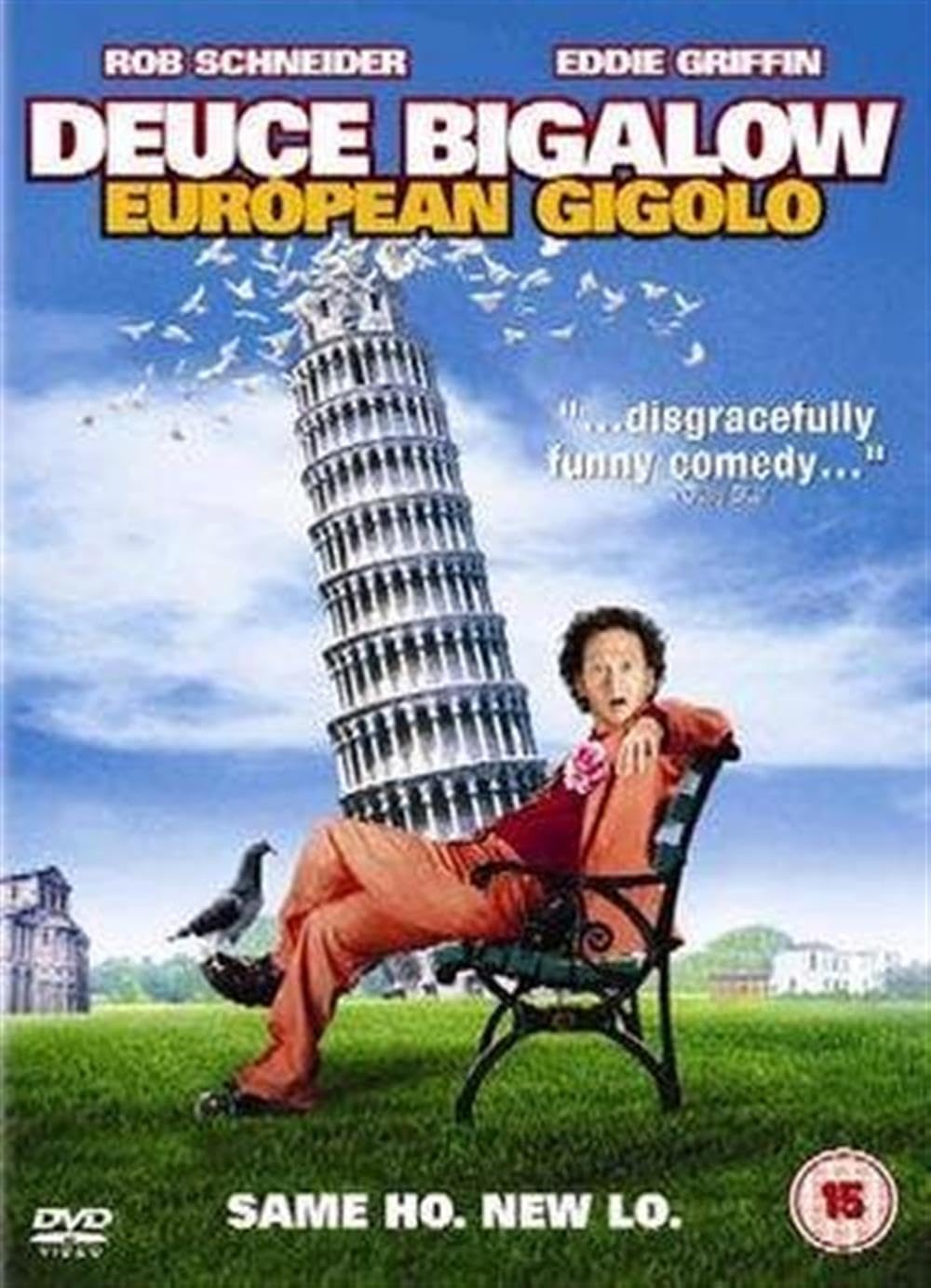 DVD cover for the movie 'Deuce Bigalow European Gigolo' featuring Rob Schneider as Deuce sitting on a bench in front of the Leaning Tower of Pisa, with a green lawn, blue sky, and birds in the background.