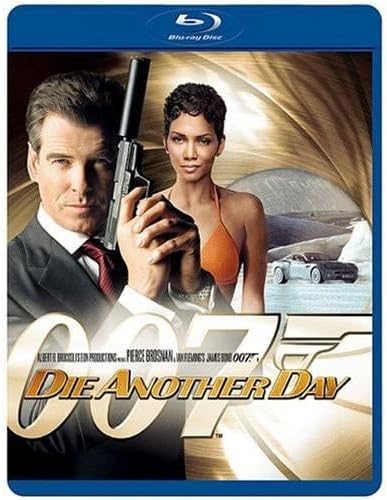 Blu-ray cover for the movie 007: Die Another Day, featuring Pierce Brosnan and Halle Berry in a gold-toned circular gun barrel scene with a car and icy background.