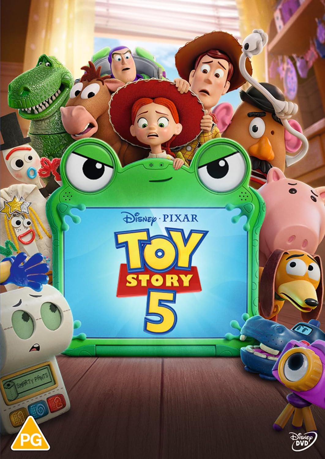 Disney Pixar Toy Story 5 movie poster featuring Woody, Buzz Lightyear, Rex, Hamm, Jessie, Bullseye, Forky, and other toys gathered around a green frog-shaped sign with the title 'Toy Story 5' in large yellow letters.