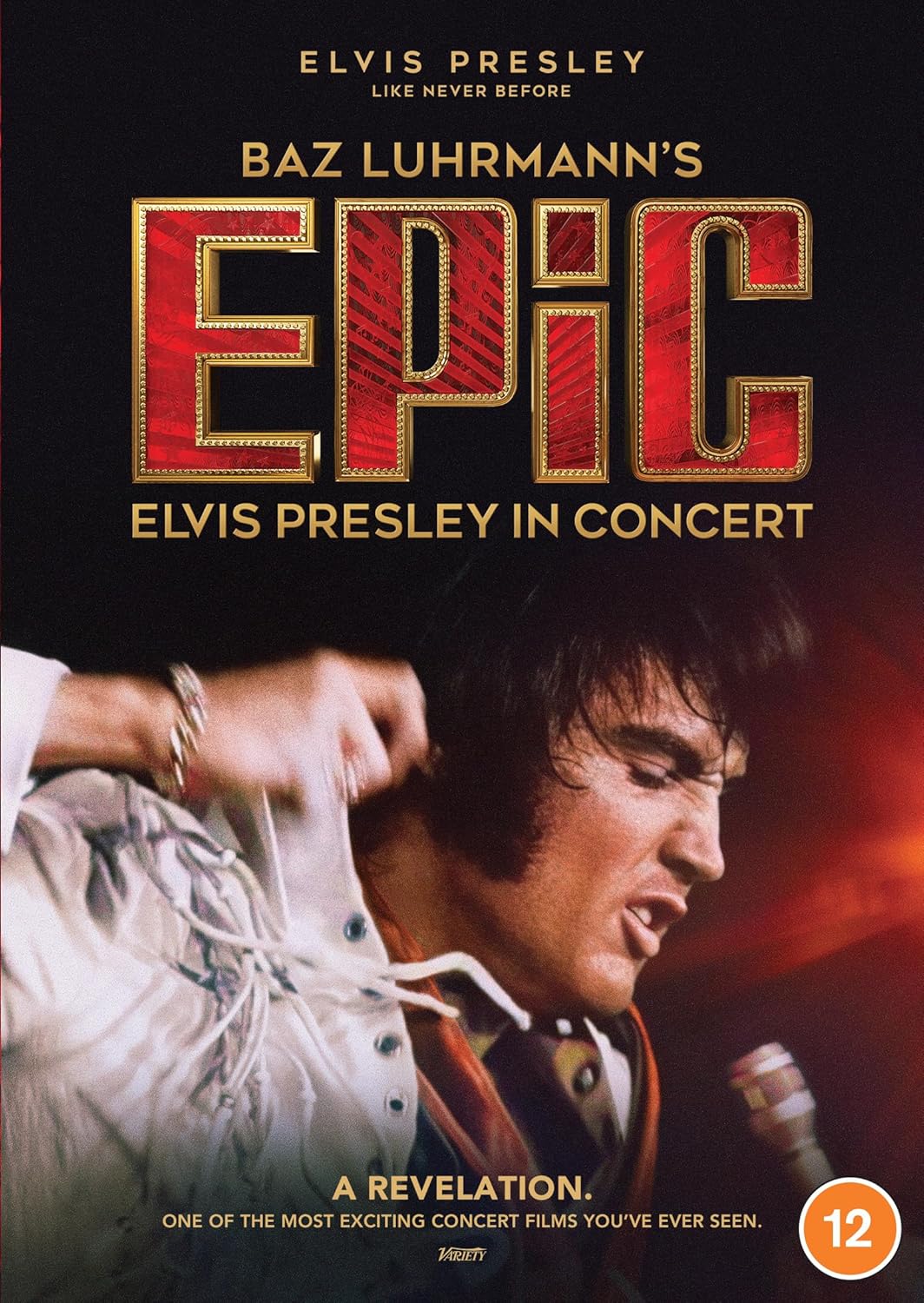 Movie poster for 'Epic: Elvis Presley in Concert' featuring a close-up of Elvis Presley with text about Baz Luhrmann's film.