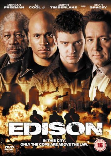 Movie poster for 'Edison' featuring four men and a cityscape with explosions.