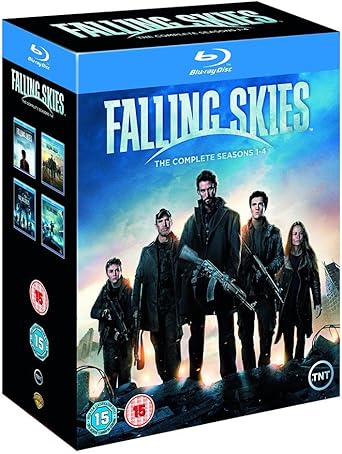 Falling Skies: The Complete Seasons 1-4 Blu-ray box set, featuring a blue and black packaging design with character artwork of the main cast.