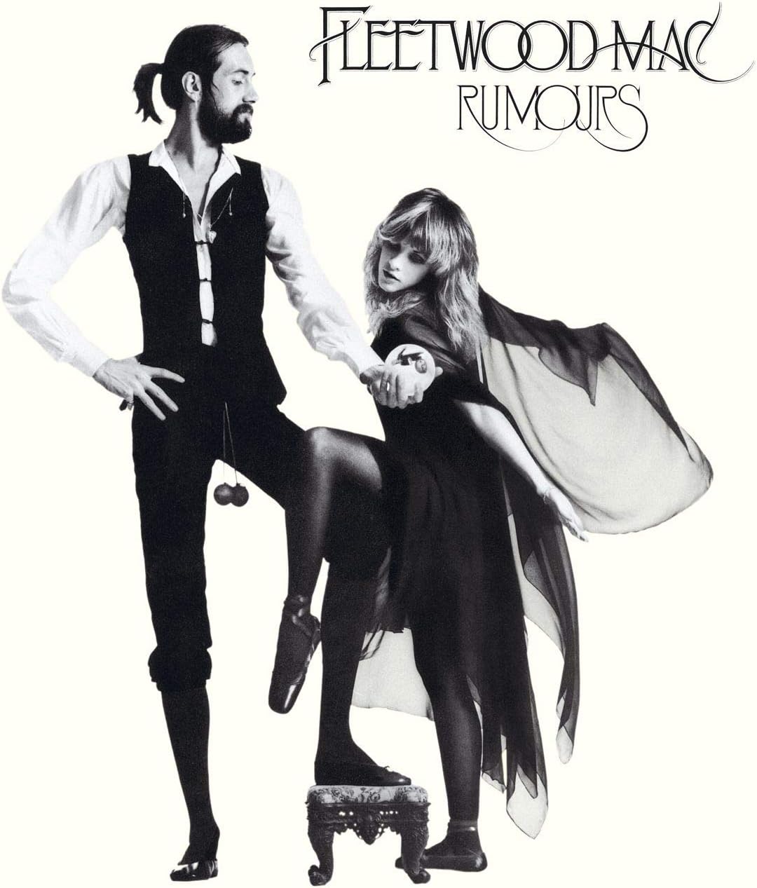 The image features the album cover of "Fleetwood Mac Rumours," originally released on vinyl. The cover art displays a monochrome photograph of the band members, with lead singer Stevie Nicks in a striking pose, enhancing the album's mystique.