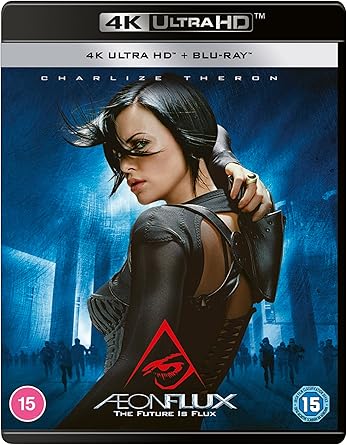 Blu-ray cover of 'Aeon Flux' with a character in a futuristic outfit against a blue background.