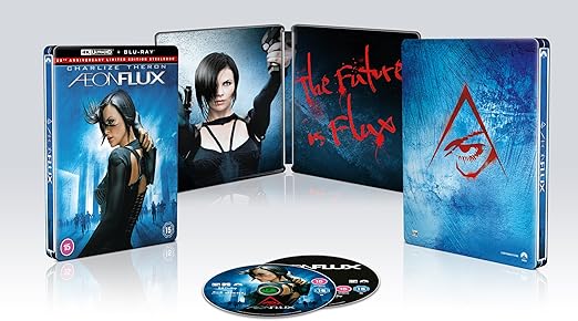 Collection of 'Aeon Flux' movie merchandise including Blu-ray cases and disc on a white background