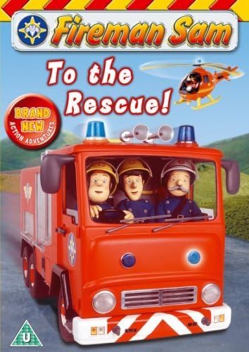 Fireman Sam cartoon with a red fire engine and characters on a blue background