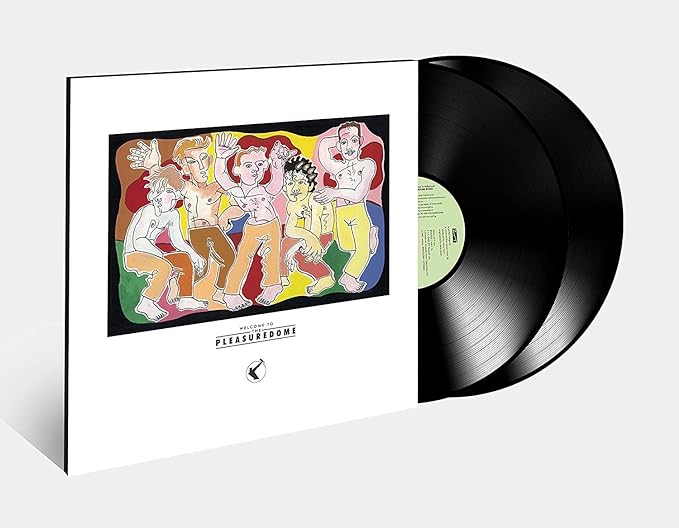 A vinyl record of Frankie Goes To Hollywood 'Welcome To The Pleasuredome' with a colorful cover art featuring the band and album title.