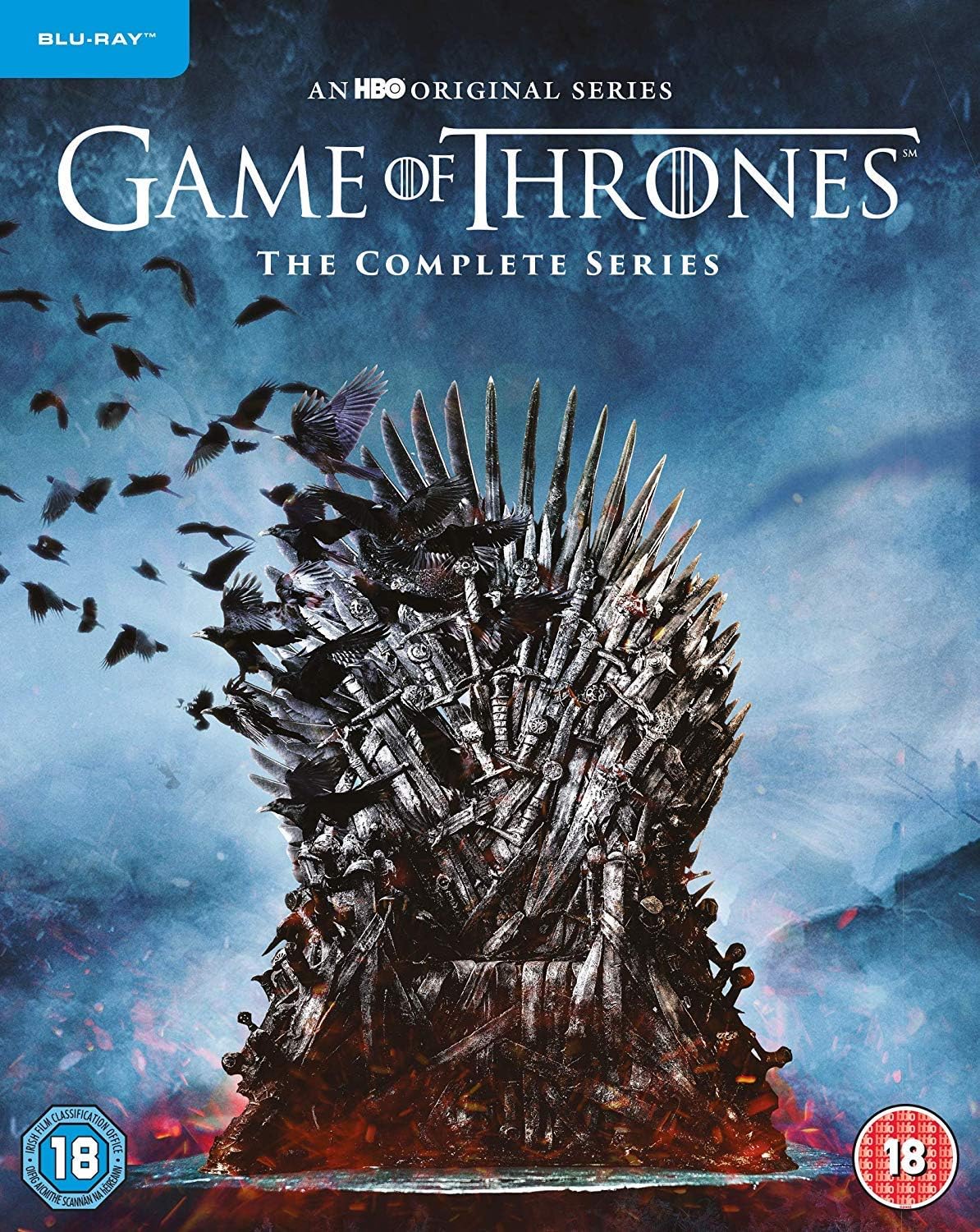 Cover of 'Game of Thrones: The Complete Series' Blu-ray box set featuring the iconic Iron Throne and a dark, stormy sky typical of the series' dramatic scenery.