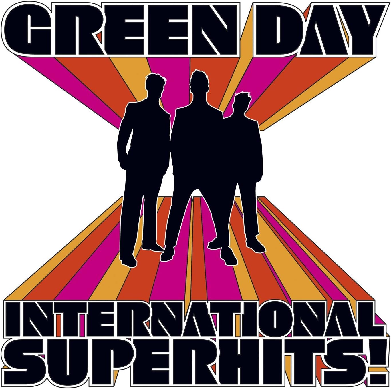 Album cover for Green Day's 'International Superhits!' with silhouettes of band members against a colorful striped background.
