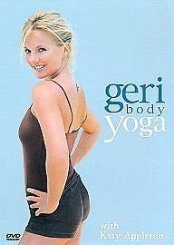 DVD cover for 'geri body yoga' with Katy Appleton, featuring a blonde woman in a black bodysuit against a light blue background with the title in green and white text.