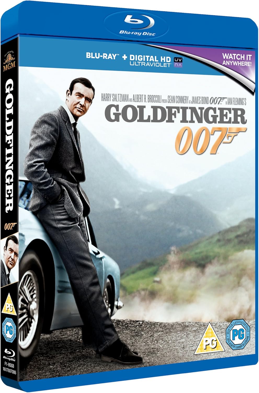 Blu-ray cover of 'Goldfinger' with James Bond leaning against a car on a mountain road.
